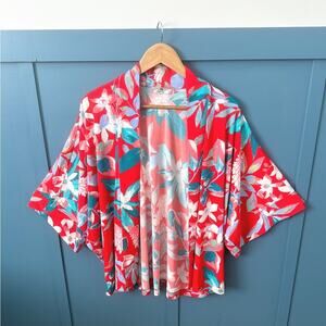 Natori XS Oversized Kimono Open Front Flowy Knit Sweater Red Floral